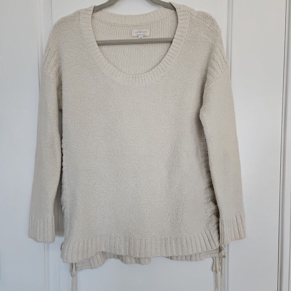 Lucky Brand Ivory/Cream Soft‎ Silver Metallic Lace Up Knit Sweater Size Large